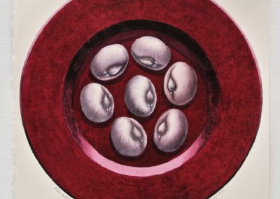 PLATO PURPURA CON SIETE FRIJOLES BLANCOS, 2016, by Arturo Monroy, Guatemalan contemporary and conceptual artist, 28.8cm x 28.6cm. Watercolor on paper. Price US$2,000
