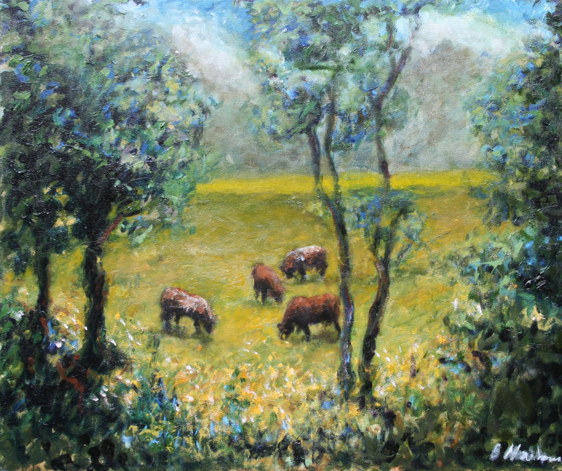 Pasture on The Road to El Rodeo, 20"x 24". Oil on canvas. US$ 1,600.