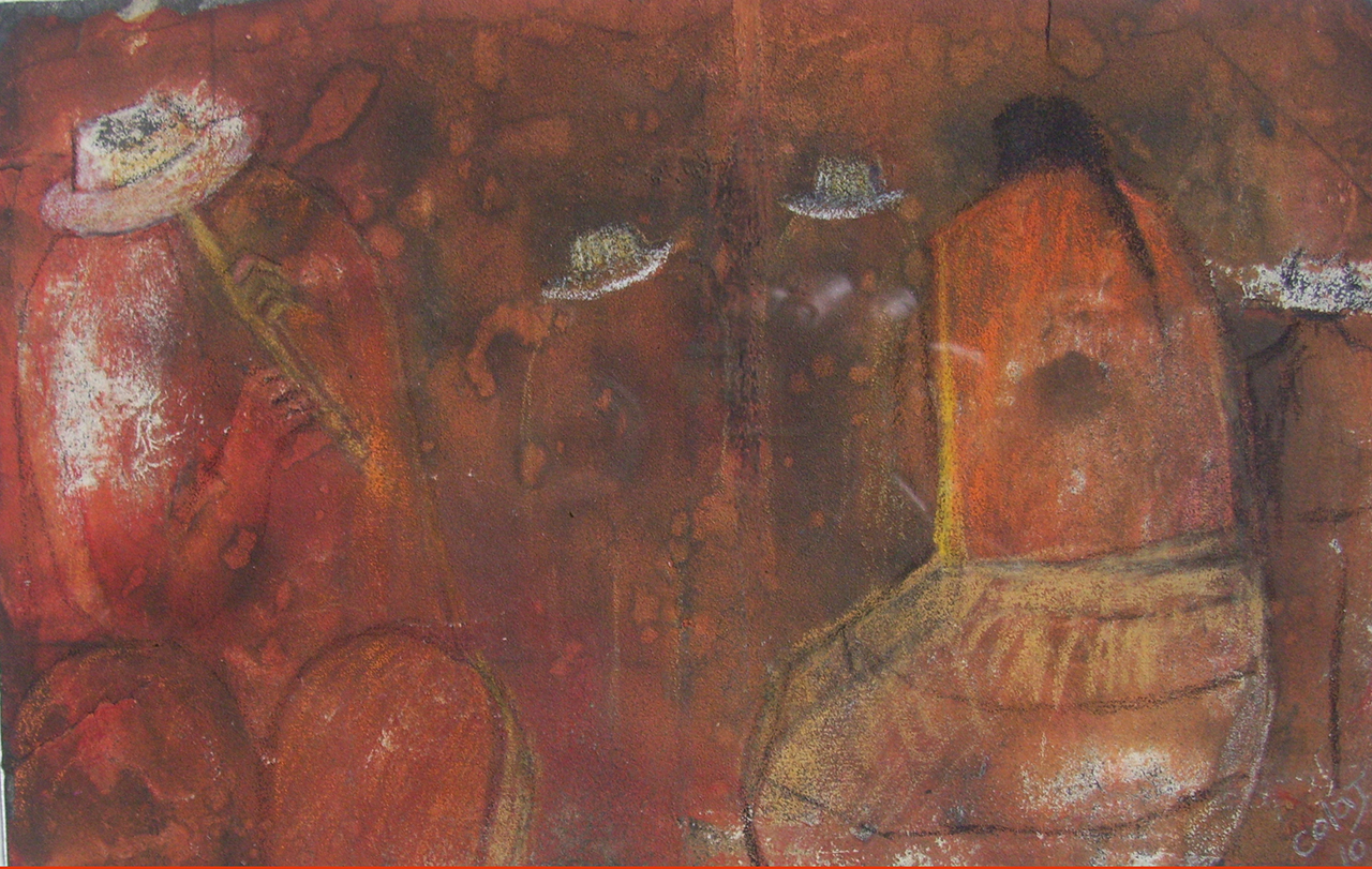 Flautista y Mujer, mixed medium on sand paper 5" x 9", US$. 875