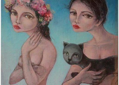 Mujeres y gato by Juan Francisco Yoc - Guatemalan Contemporary Fine Artist- oil on canvas - 17" x 17, US$ 1400.