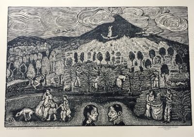 Bajo el volcan, corte de cafe - Guillermo Maldonado - Guatemalan artist and print maker - wood etching - US$420.