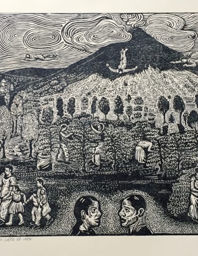 Bajo el volcan, corte de cafe - Guillermo Maldonado - Guatemalan artist and print maker - wood etching - US$420.
