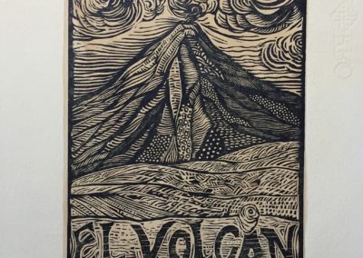 El volcan- Guillermo Maldonado - Guatemalan artist and print maker - wood etching - 6" x 8" - US$.140.